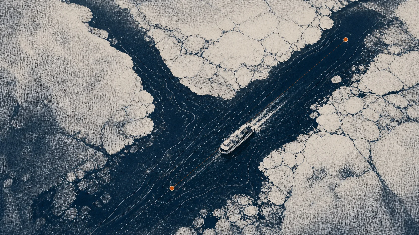 A ferry navigating a channel through fractured Baltic sea ice