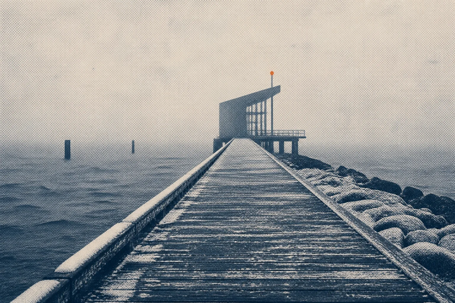 A timber pier leading through Baltic fog toward a navigation pavilion