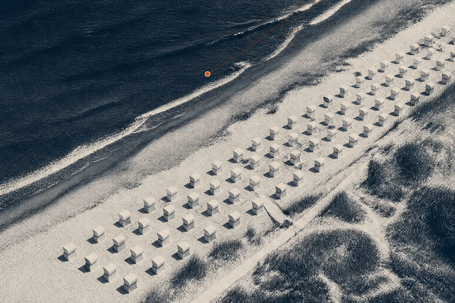 Aerial halftone view of Baltic beach chairs arranged beside the shoreline